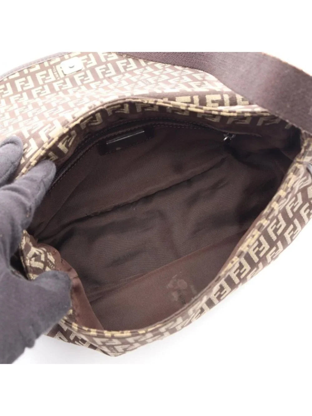 Fendi Shoulder Bag Zucchino Dark Brown Beige Canvas Leather